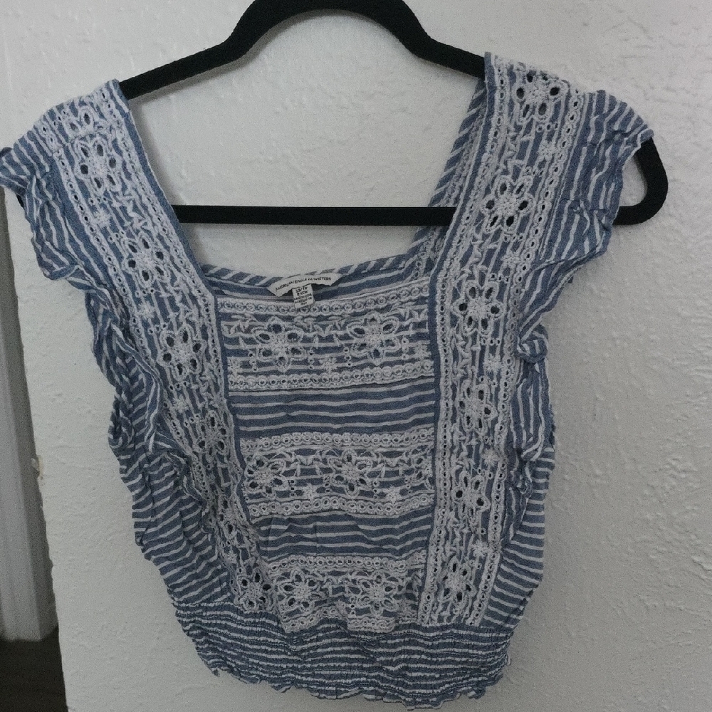 American Eagle Outfitters Blue and White Cropped Ruffled Blouse